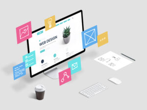 Creative web design studio with flying web page layout elements concept